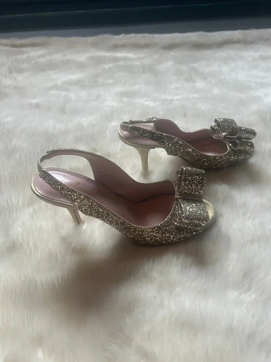kate spade Glitter Bow Peep-Toe Slingback Heels in Gold - Picture 2 of 9